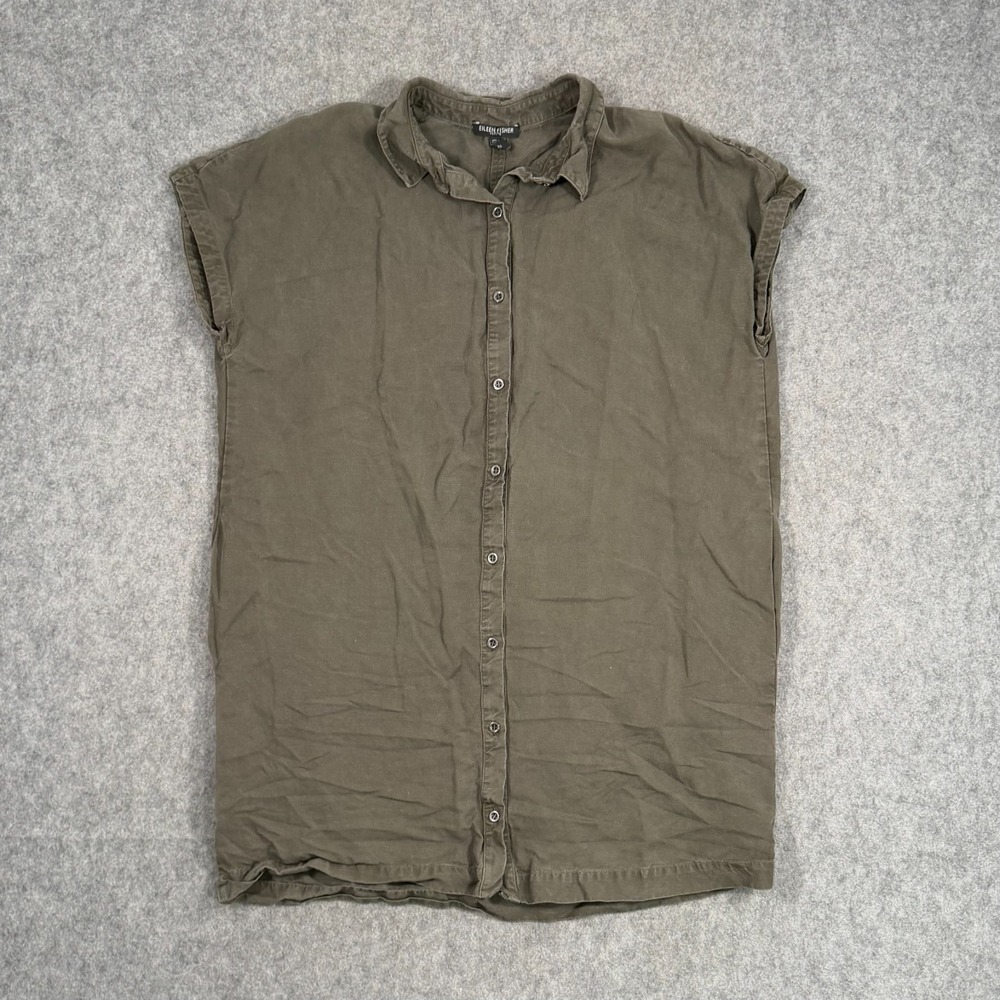 Eileen Fisher Army Green Linen Blend Cap Sleeve Shirt Dress Women's Size PL